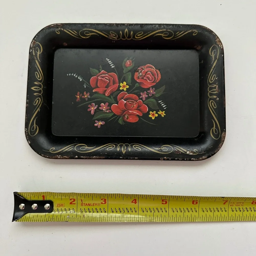 Vintage Set of 6 Mini Trays Toleware Floral  Black Red Rose Shabby Cottage Folk